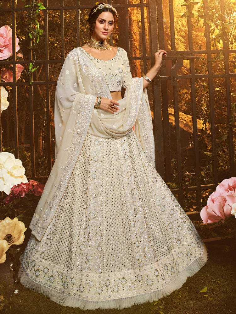 Cream Yellow Faux Georgette Embroidered Bridal Lehenga Choli