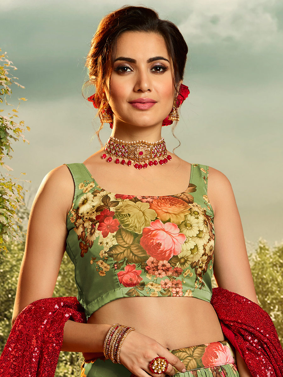Asparagus Green Organza Printed Festival Lehenga Choli