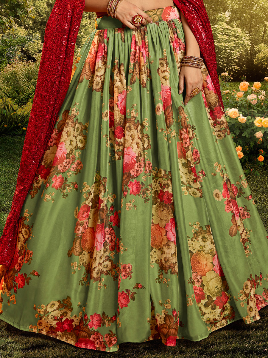 Asparagus Green Organza Printed Festival Lehenga Choli