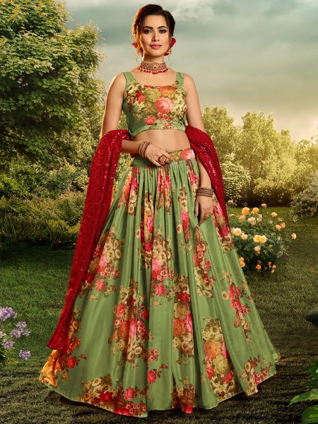 Asparagus Green Organza Printed Festival Lehenga Choli