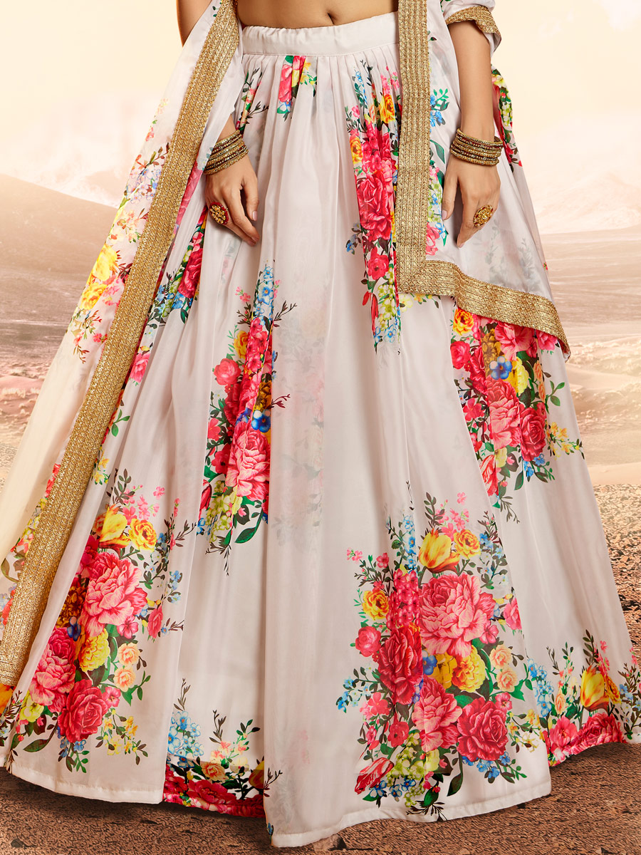 White Organza Printed Festival Lehenga Choli