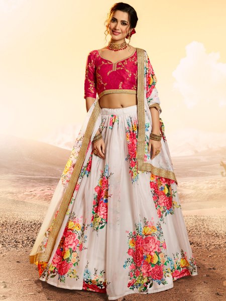 White Organza Printed Festival Lehenga Choli