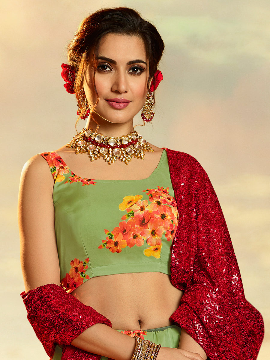 Light Green Organza Printed Festival Lehenga Choli