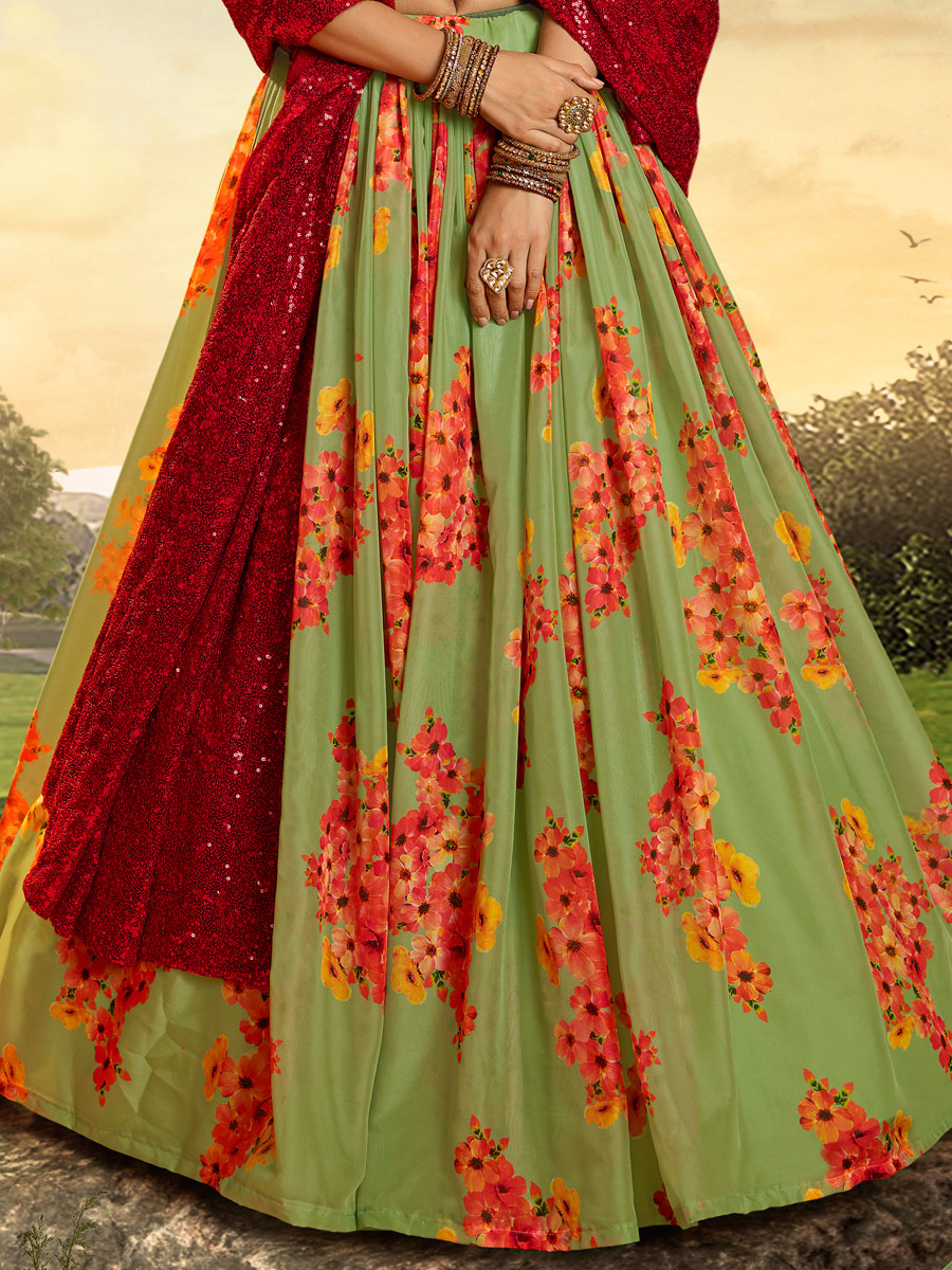 Light Green Organza Printed Festival Lehenga Choli