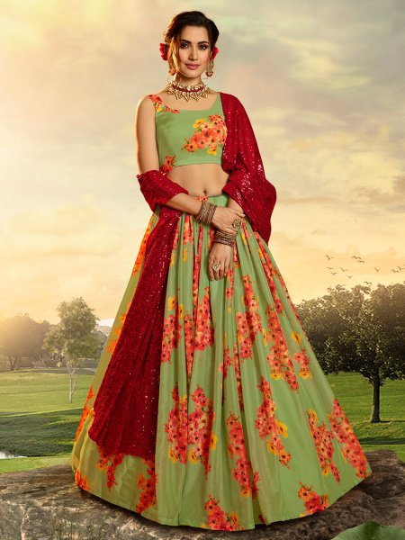 Light Green Organza Printed Festival Lehenga Choli