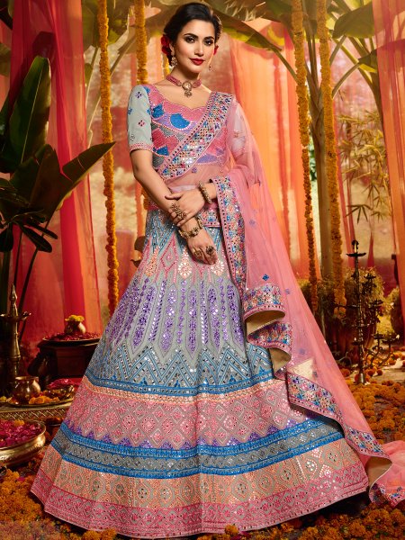 Gray and Salmon Pink Organza Embroidered Wedding Lehenga Choli