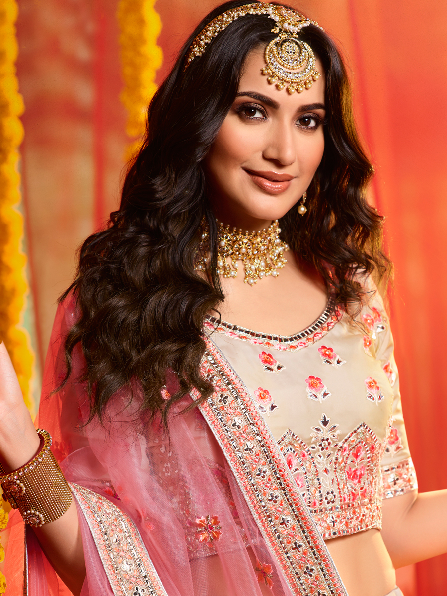 White and Salmon Pink Organza Embroidered Wedding Lehenga Choli