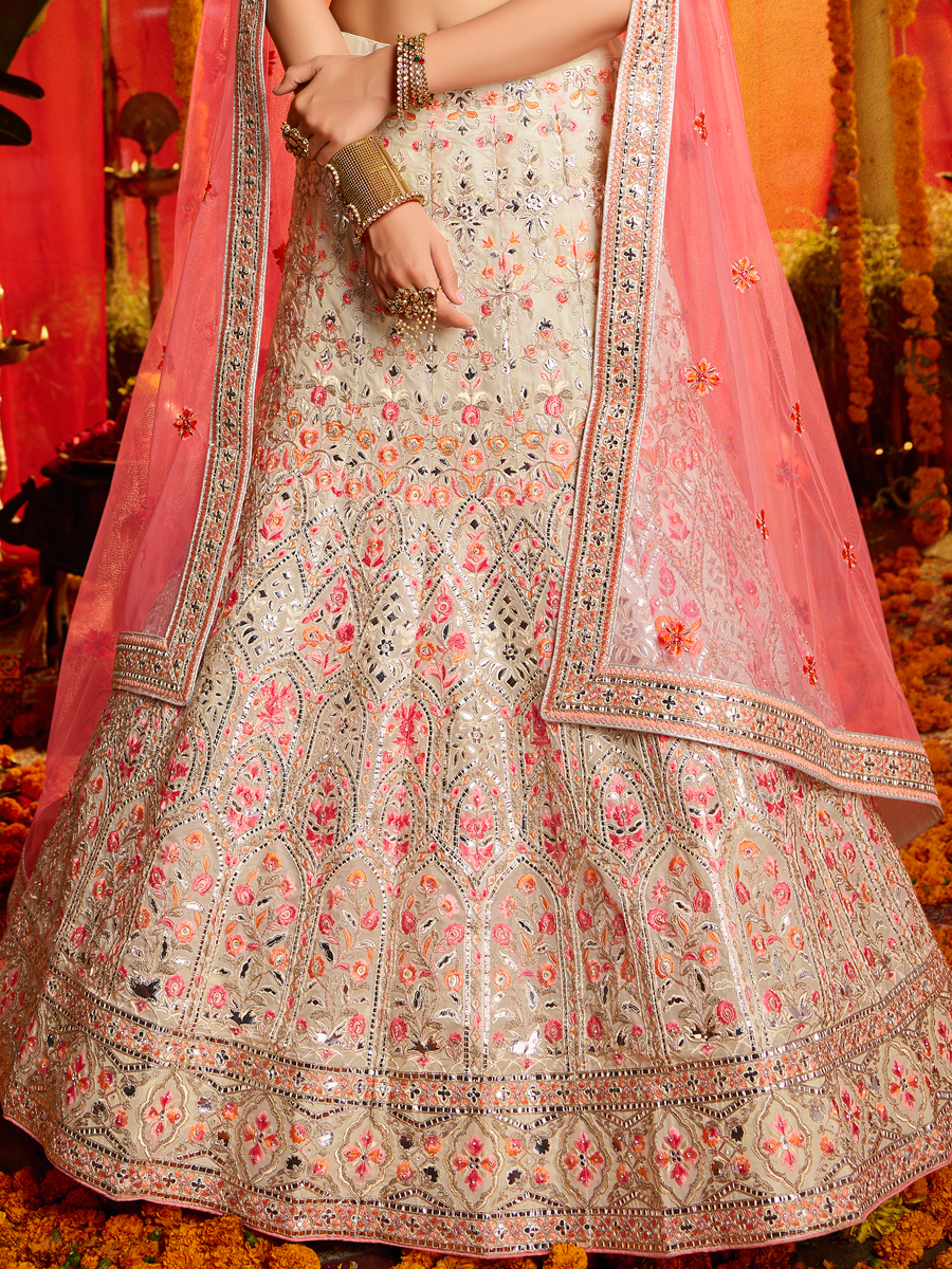 White and Salmon Pink Organza Embroidered Wedding Lehenga Choli