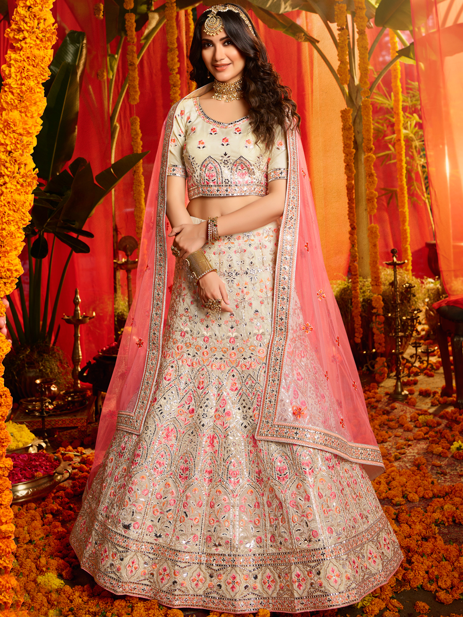 White and Salmon Pink Organza Embroidered Wedding Lehenga Choli