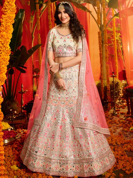 White and Salmon Pink Organza Embroidered Wedding Lehenga Choli