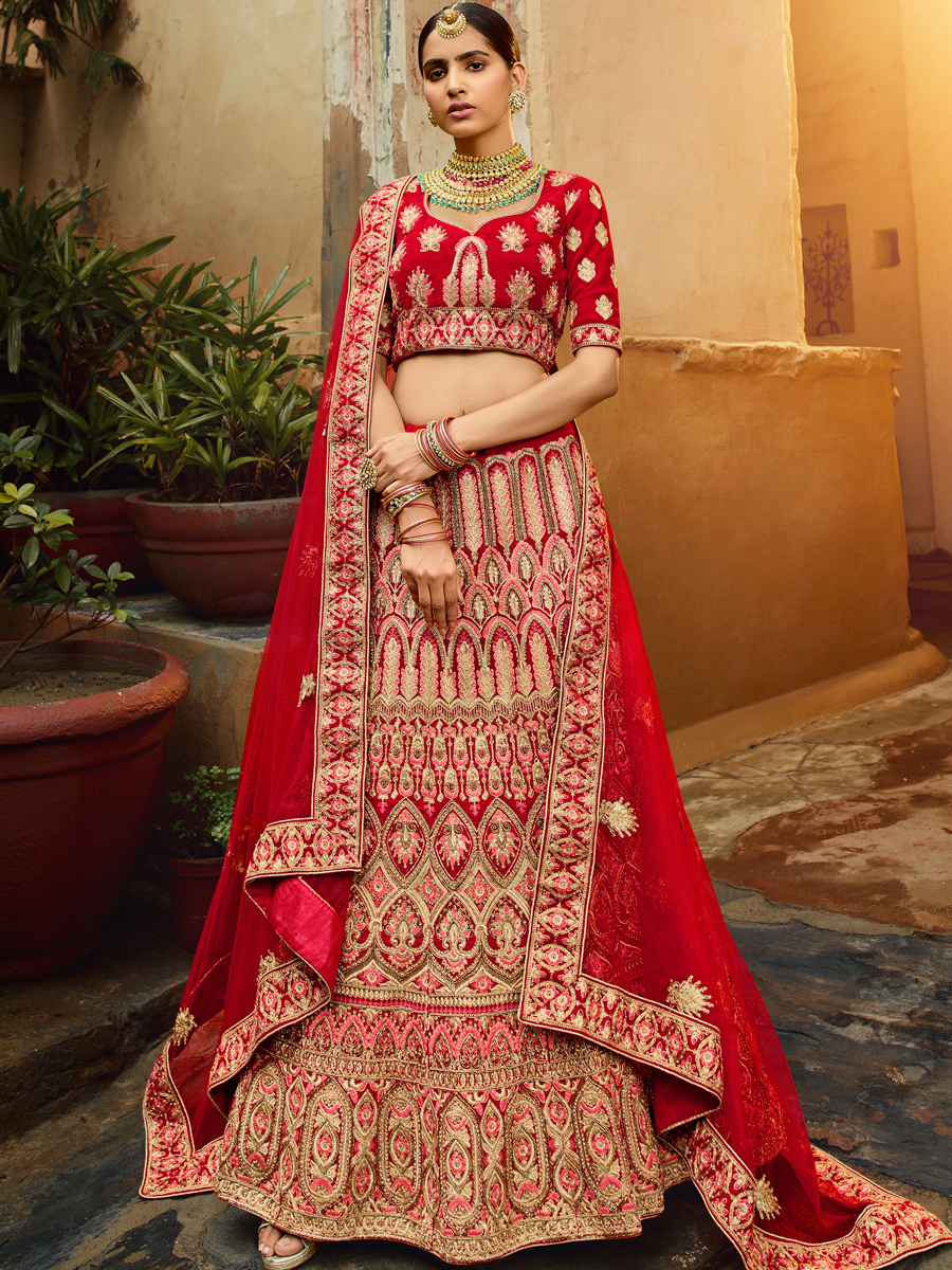Venetian Red Velvet Embroidered Bridal Lehenga Choli