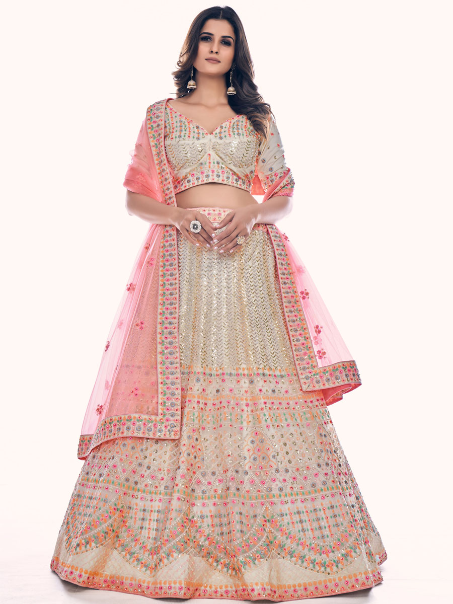 White Soft Net Embroidered Bridal Wedding Heavy Border Lehenga Choli