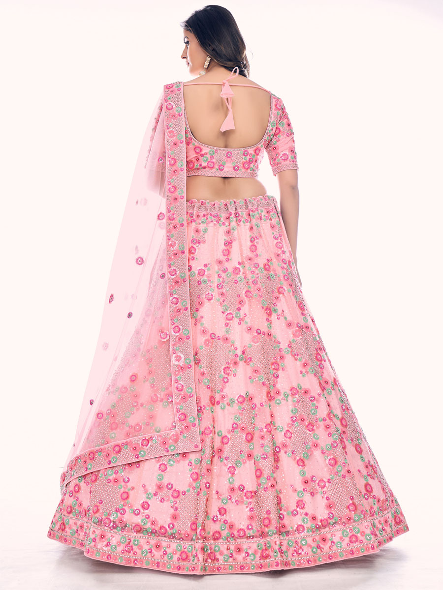 Peach Soft Net Embroidered Bridal Wedding Heavy Border Lehenga Choli