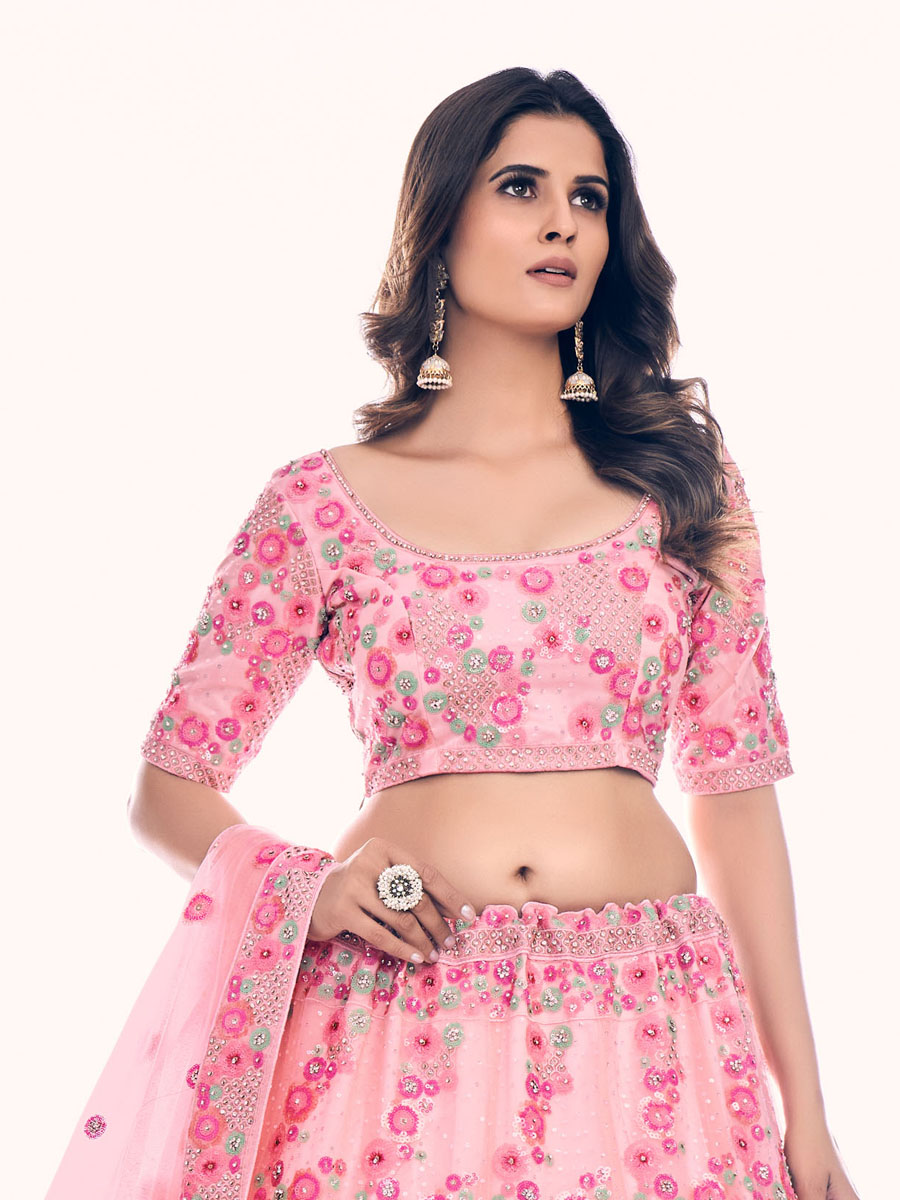 Peach Soft Net Embroidered Bridal Wedding Heavy Border Lehenga Choli