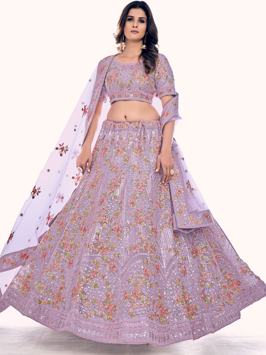 Lilac Soft Net Embroidered Bridal Wedding Heavy Border Lehenga Choli