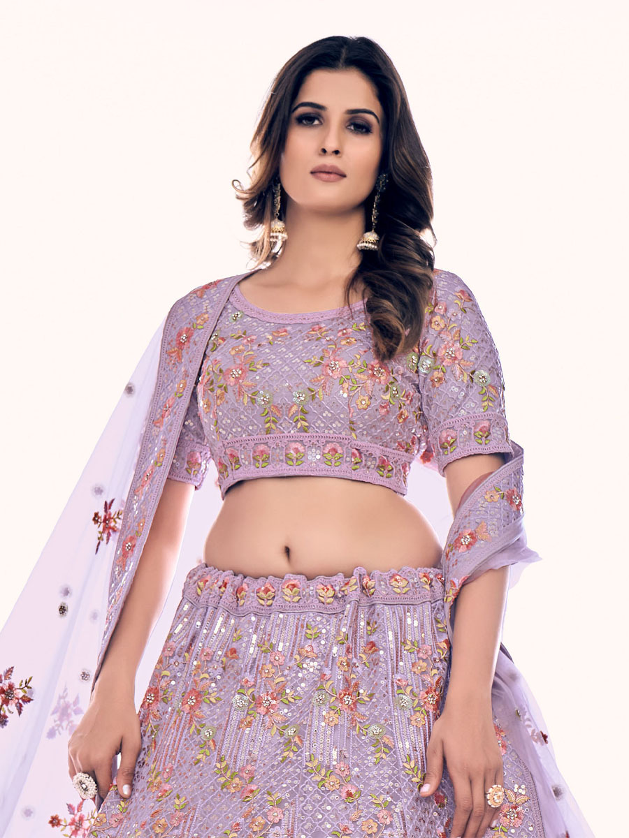 Lilac Soft Net Embroidered Bridal Wedding Heavy Border Lehenga Choli
