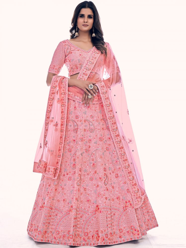 Pink Soft Net Embroidered Bridal Wedding Heavy Border Lehenga Choli