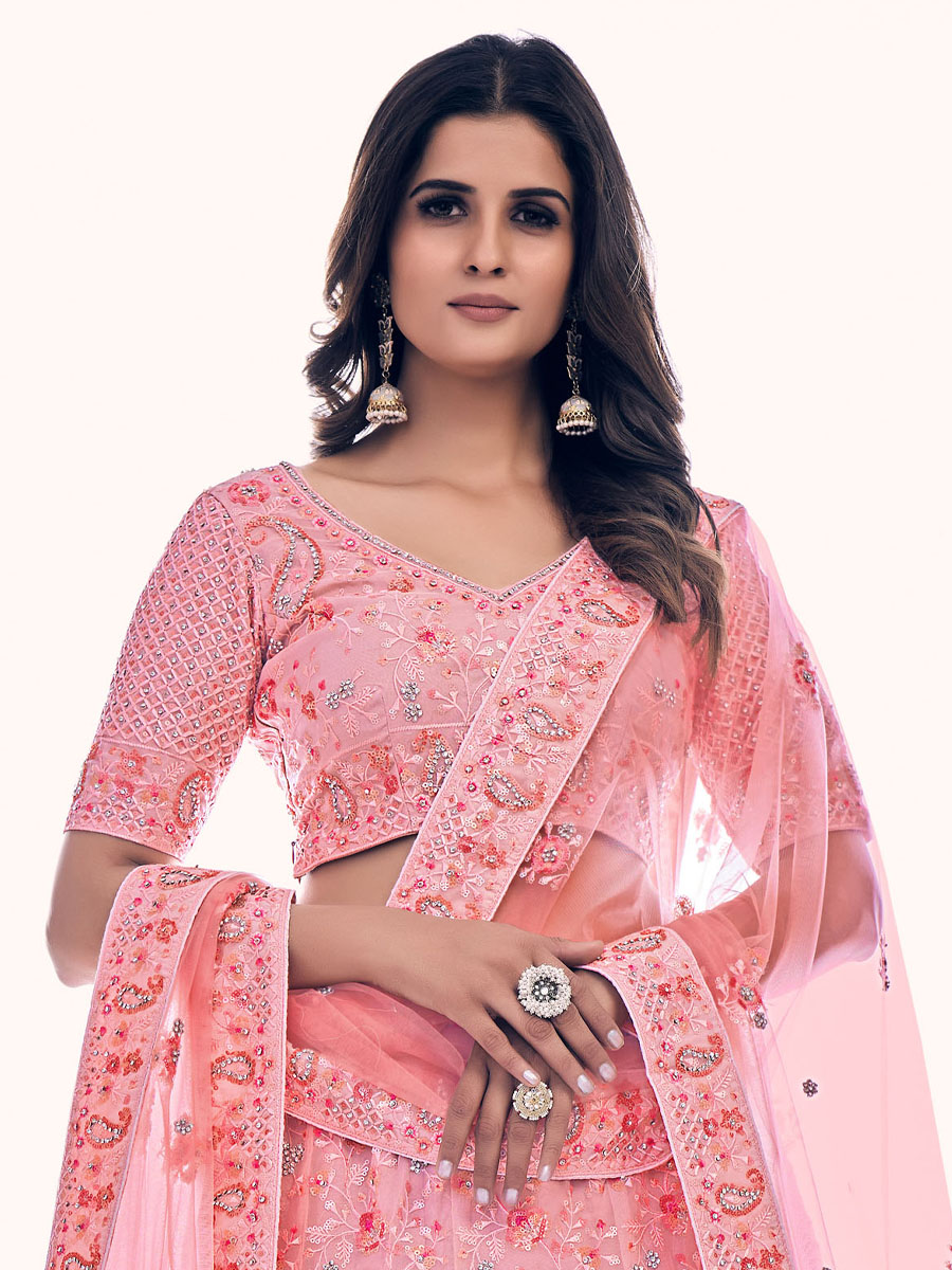 Pink Soft Net Embroidered Bridal Wedding Heavy Border Lehenga Choli