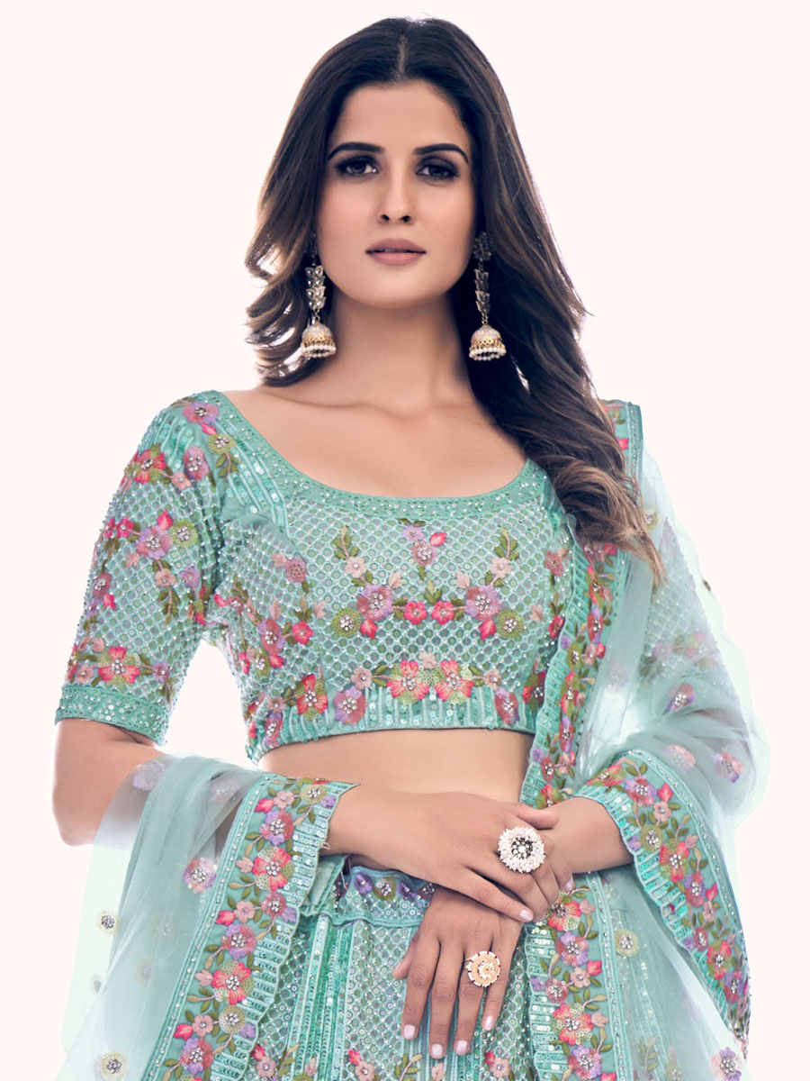 Firozi Soft Net Embroidered Bridal Wedding Heavy Border Lehenga Choli