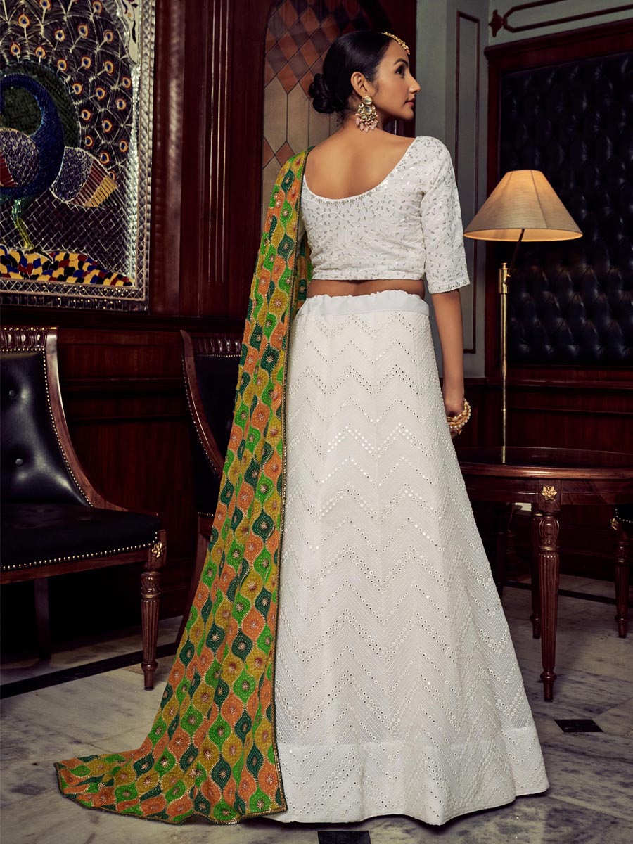 White Georgette Embroidered Wedding Festival Circular Lehenga Choli