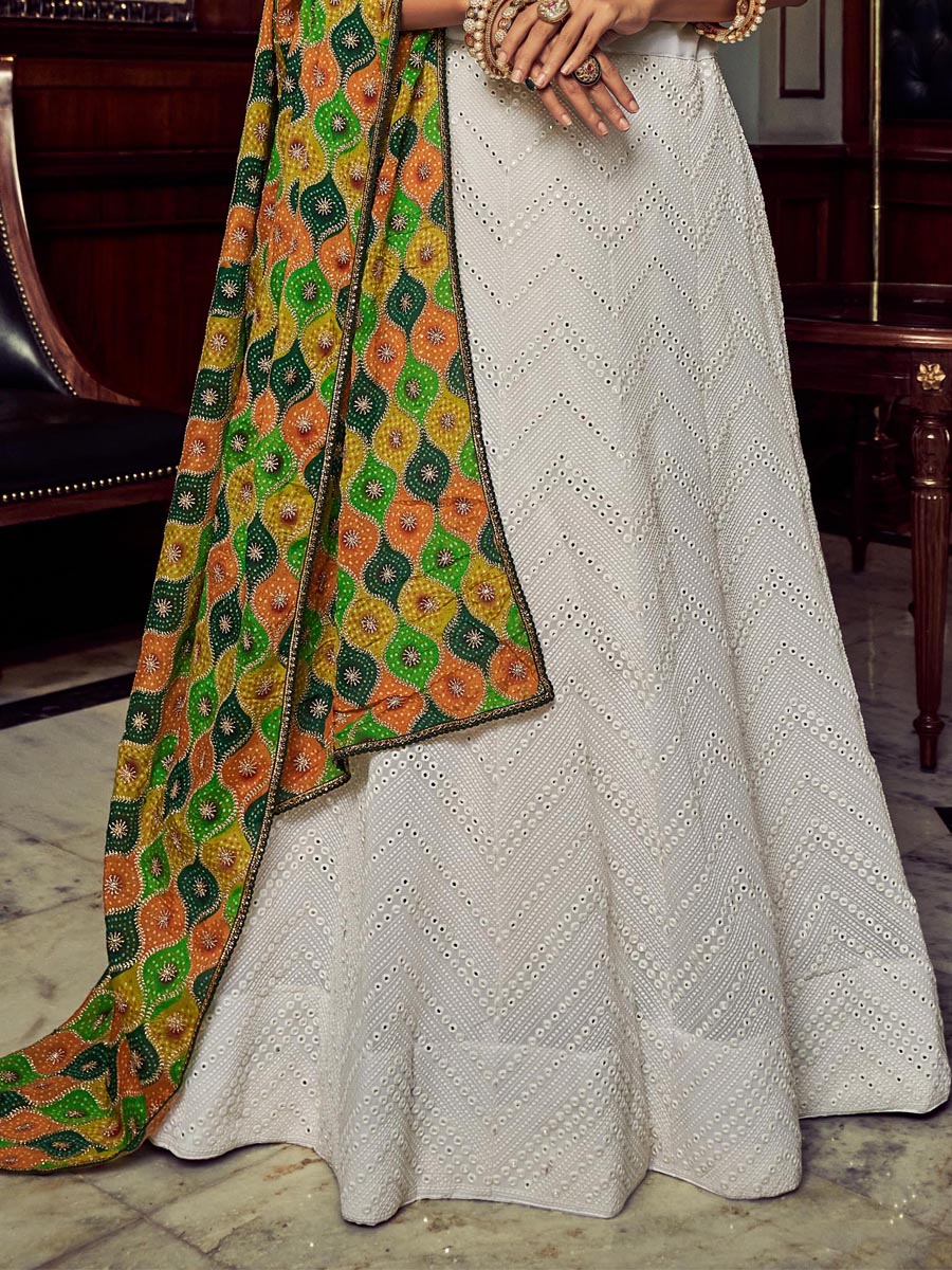 White Georgette Embroidered Wedding Festival Circular Lehenga Choli