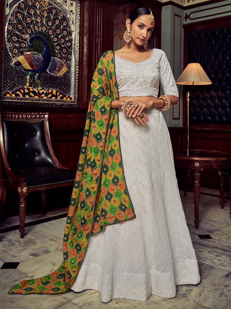 White Georgette Embroidered Wedding Festival Circular Lehenga Choli