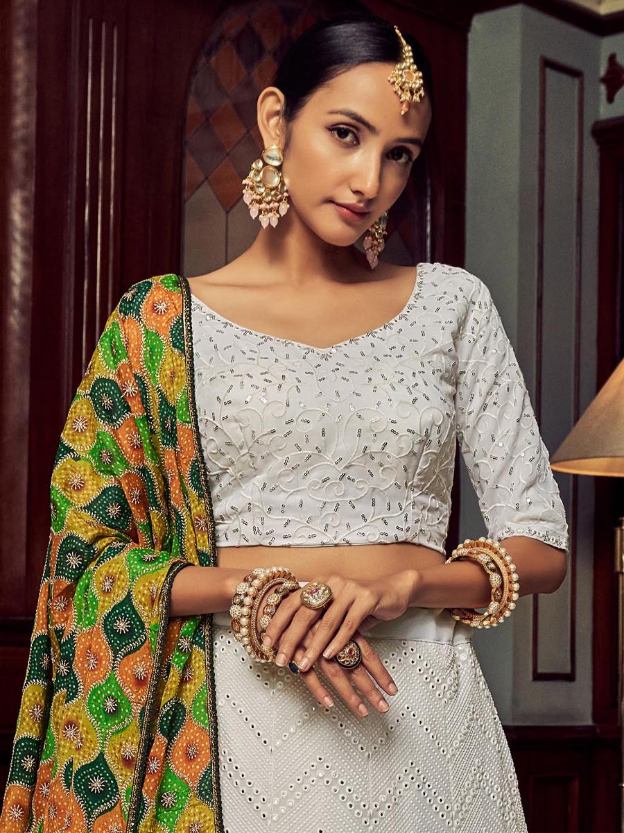 White Georgette Embroidered Wedding Festival Circular Lehenga Choli