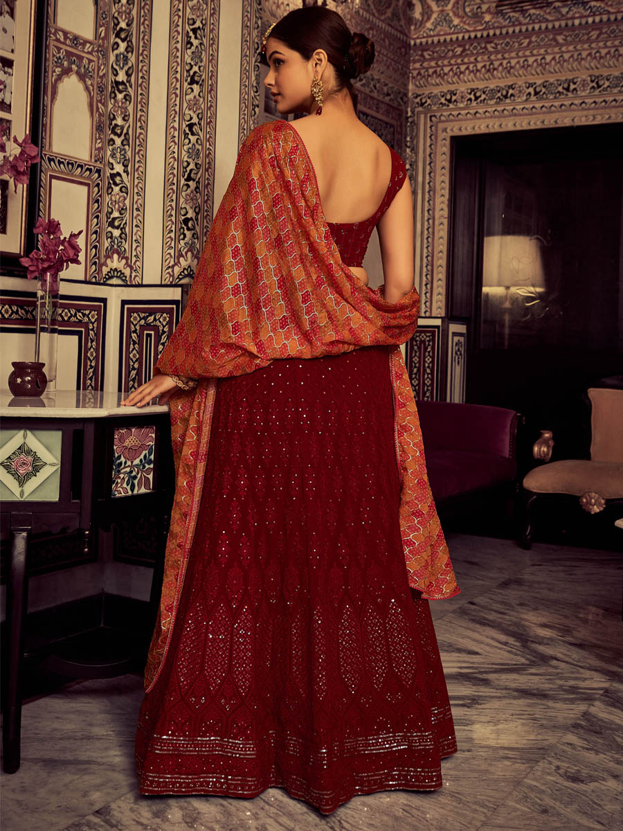 Maroon Georgette Embroidered Wedding Festival Circular Lehenga Choli