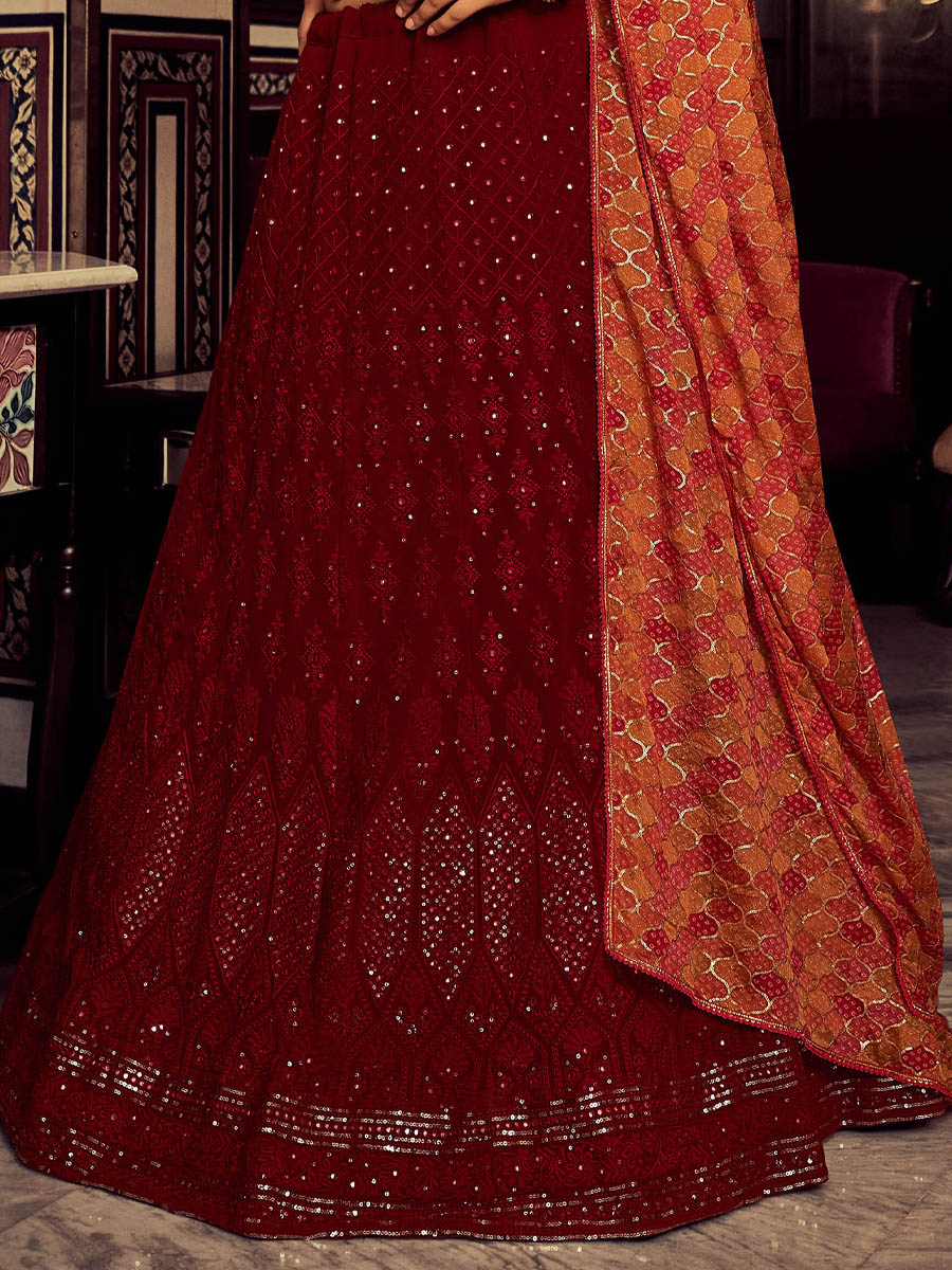 Maroon Georgette Embroidered Wedding Festival Circular Lehenga Choli