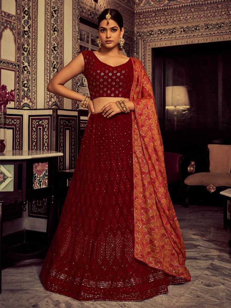 Maroon Georgette Embroidered Wedding Festival Circular Lehenga Choli