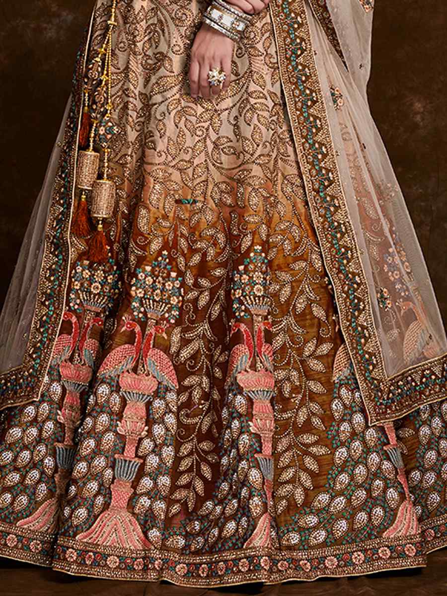 Brown Art Silk Embroidered Bridal Wedding Heavy Border Lehenga Choli