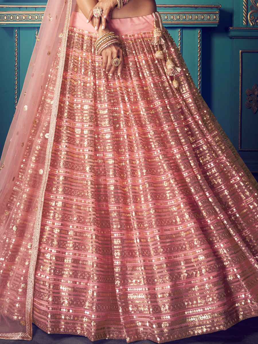 Salmon Pink Net Embroidered Festival Lehenga Choli