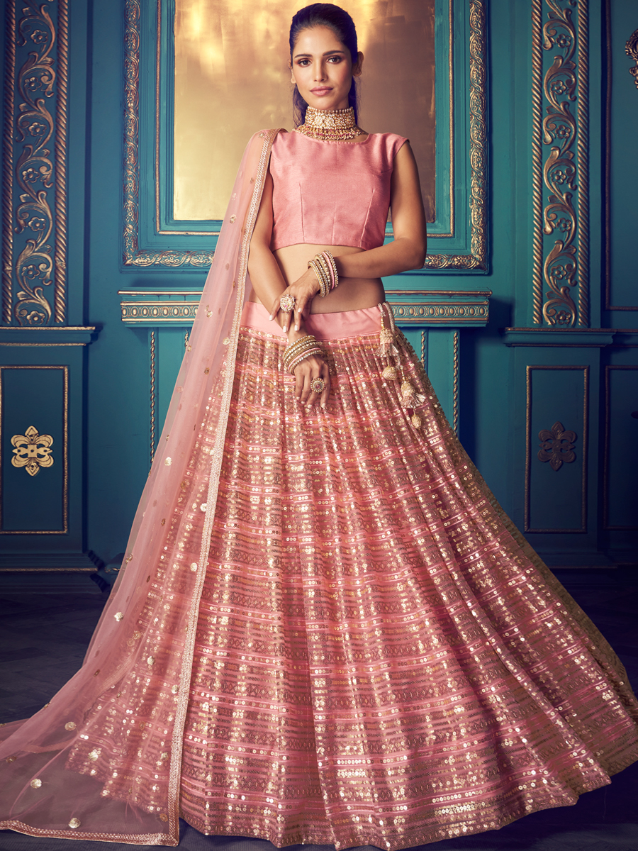 Salmon Pink Net Embroidered Festival Lehenga Choli