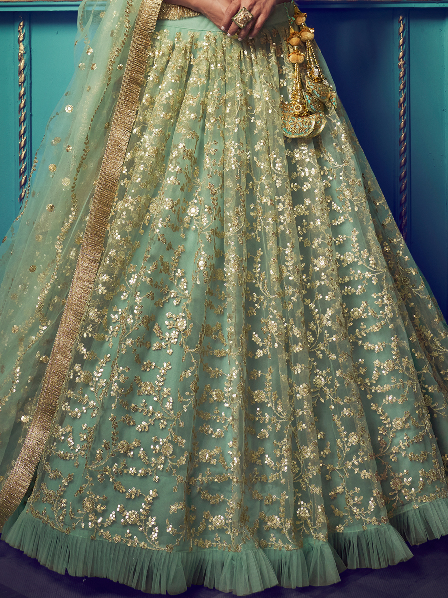 Moss Green Net Embroidered Festival Lehenga Choli