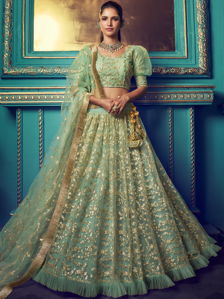 Moss Green Net Embroidered Festival Lehenga Choli