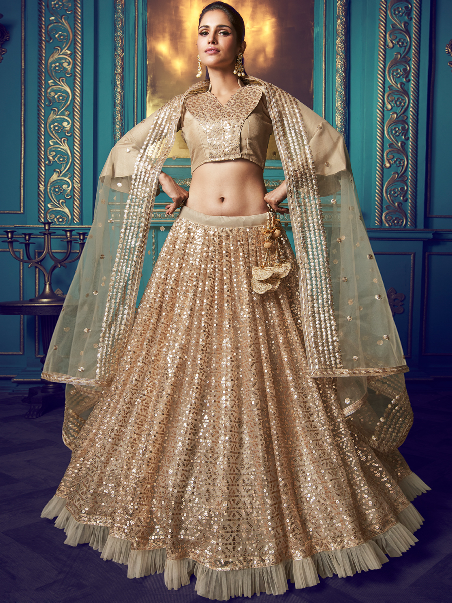 Beige Yellow Net Embroidered Festival Lehenga Choli