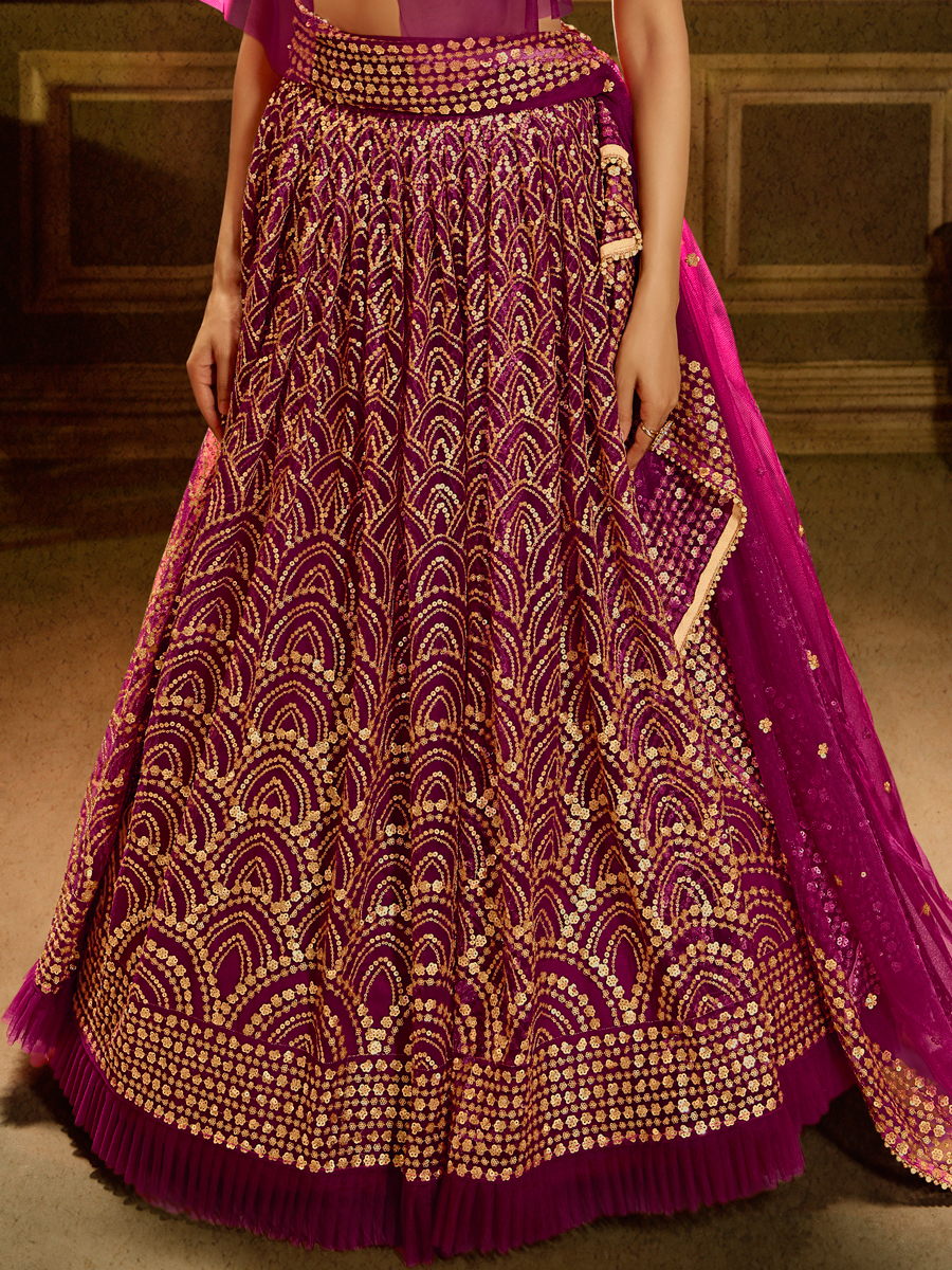 Wine Red Net Embroidered Party Lehenga Choli