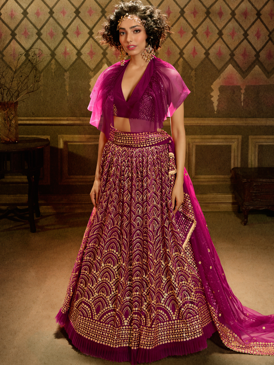 Wine Red Net Embroidered Party Lehenga Choli