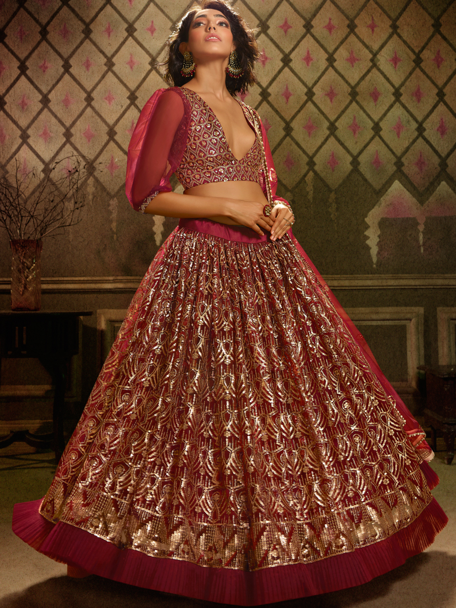 Maroon Net Embroidered Party Lehenga Choli