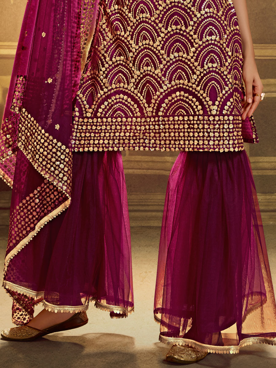 Byzantium Purple Net Embroidered Festival Sharara Pant Kameez