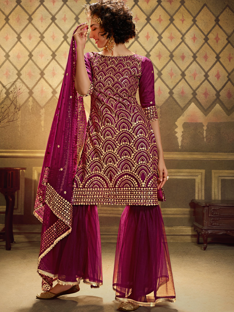 Byzantium Purple Net Embroidered Festival Sharara Pant Kameez