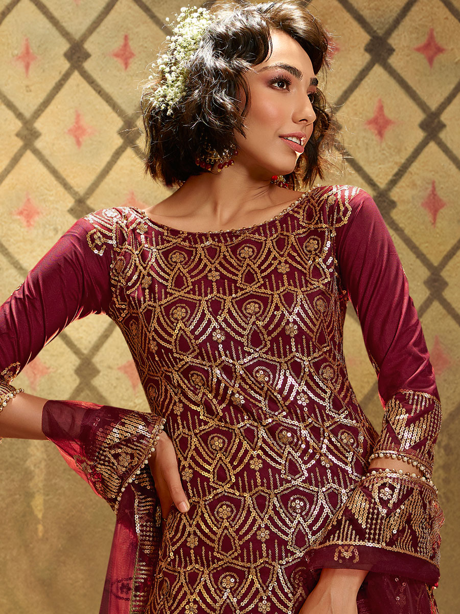 Maroon Net Embroidered Festival Sharara Pant Kameez