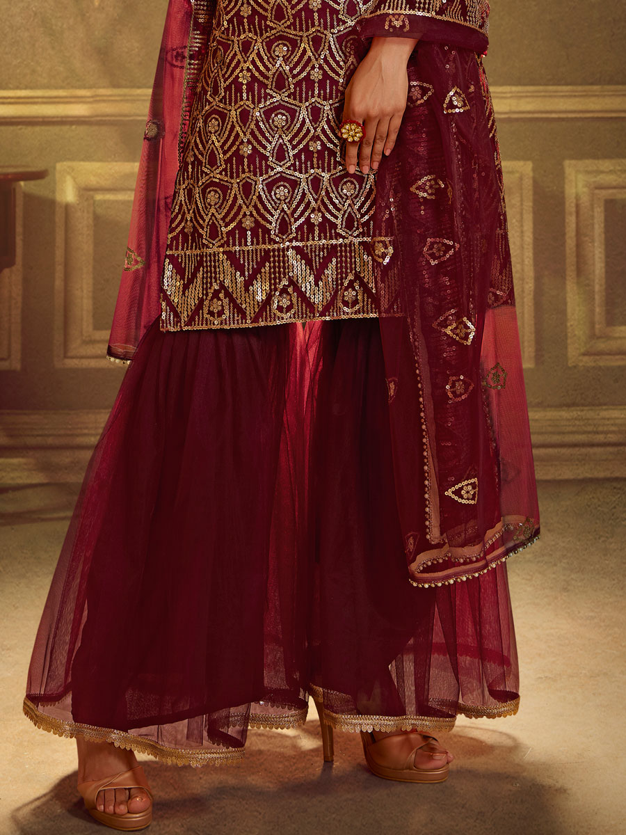Maroon Net Embroidered Festival Sharara Pant Kameez