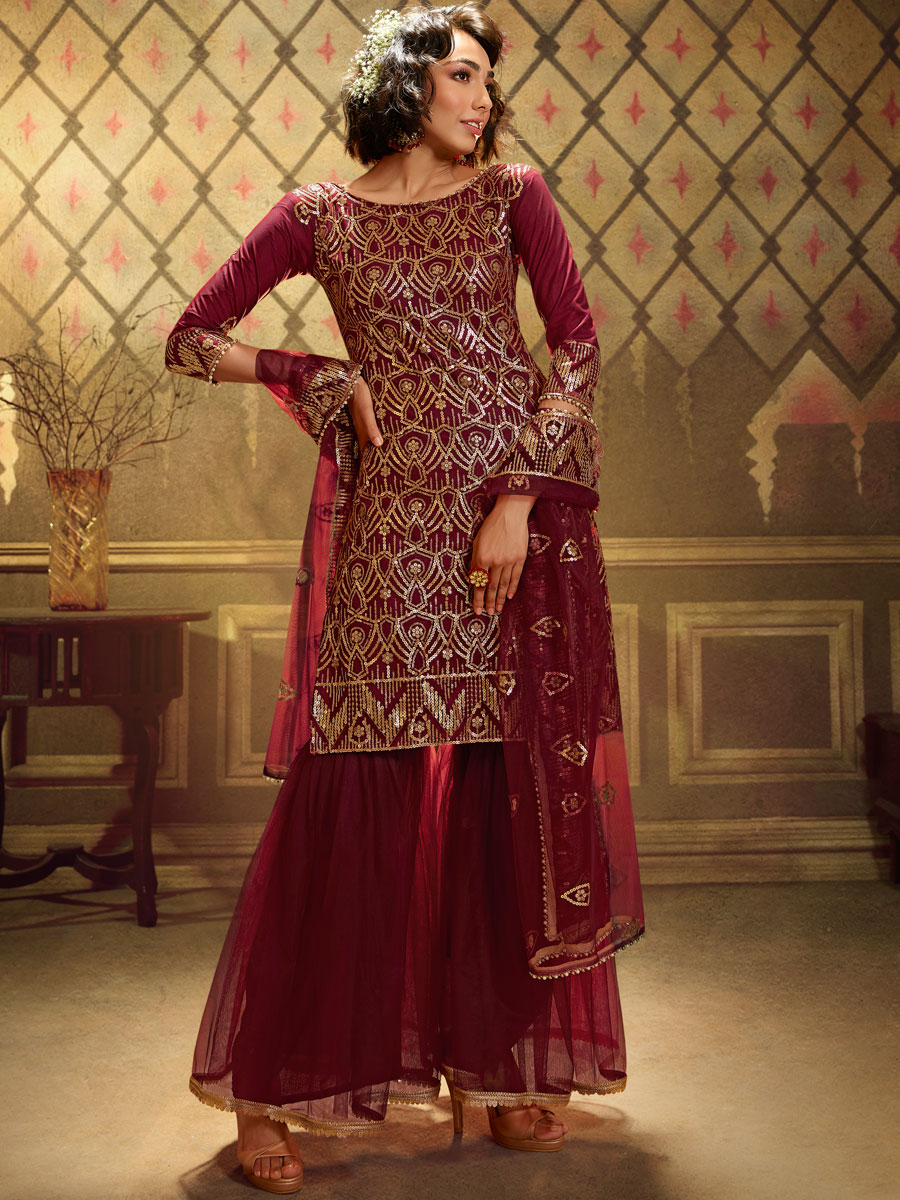 Maroon Net Embroidered Festival Sharara Pant Kameez