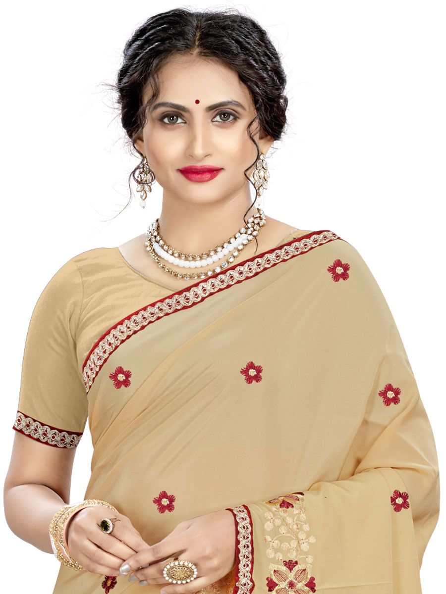 Beige Yellow Crepe Embroidered Party Saree