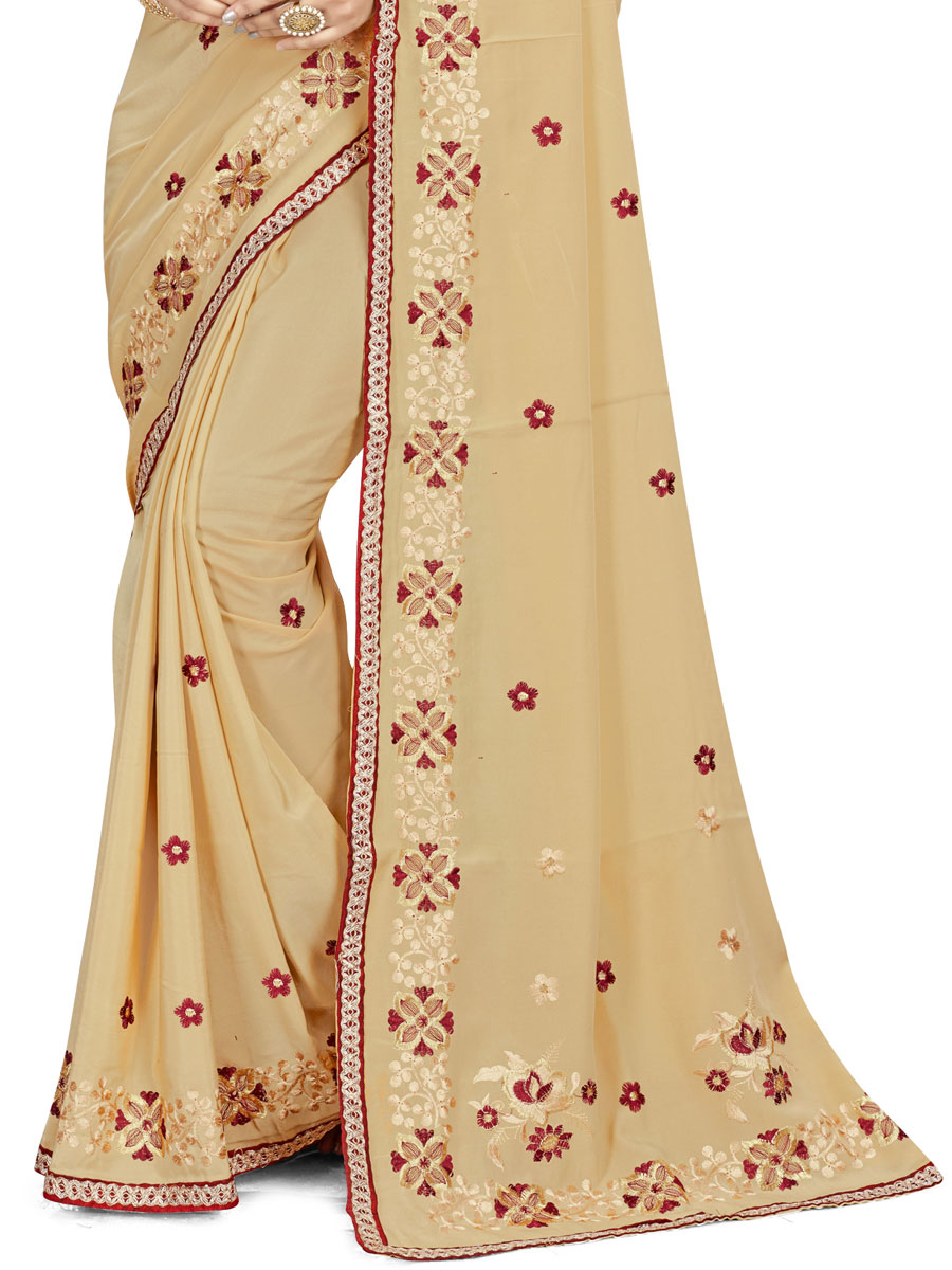 Beige Yellow Crepe Embroidered Party Saree