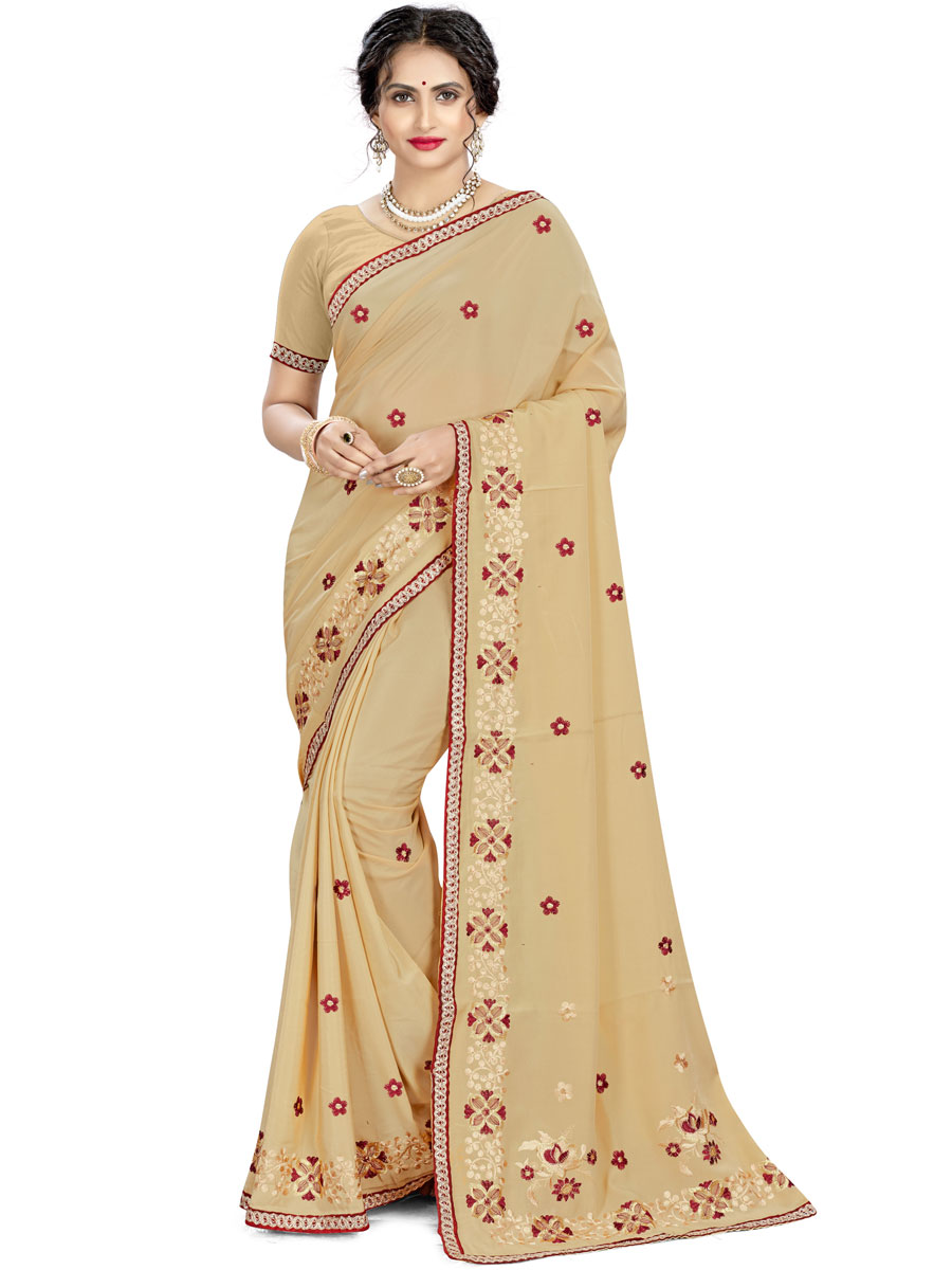 Beige Yellow Crepe Embroidered Party Saree