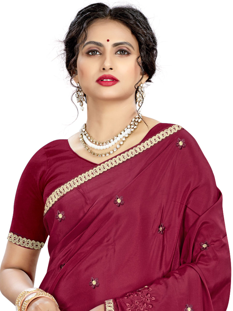 Maroon Crepe Embroidered Party Saree