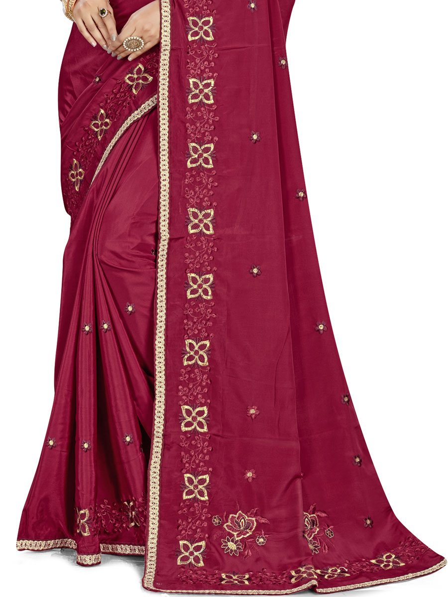 Maroon Crepe Embroidered Party Saree