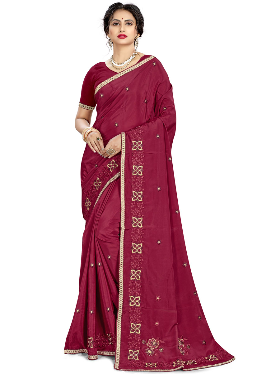 Maroon Crepe Embroidered Party Saree